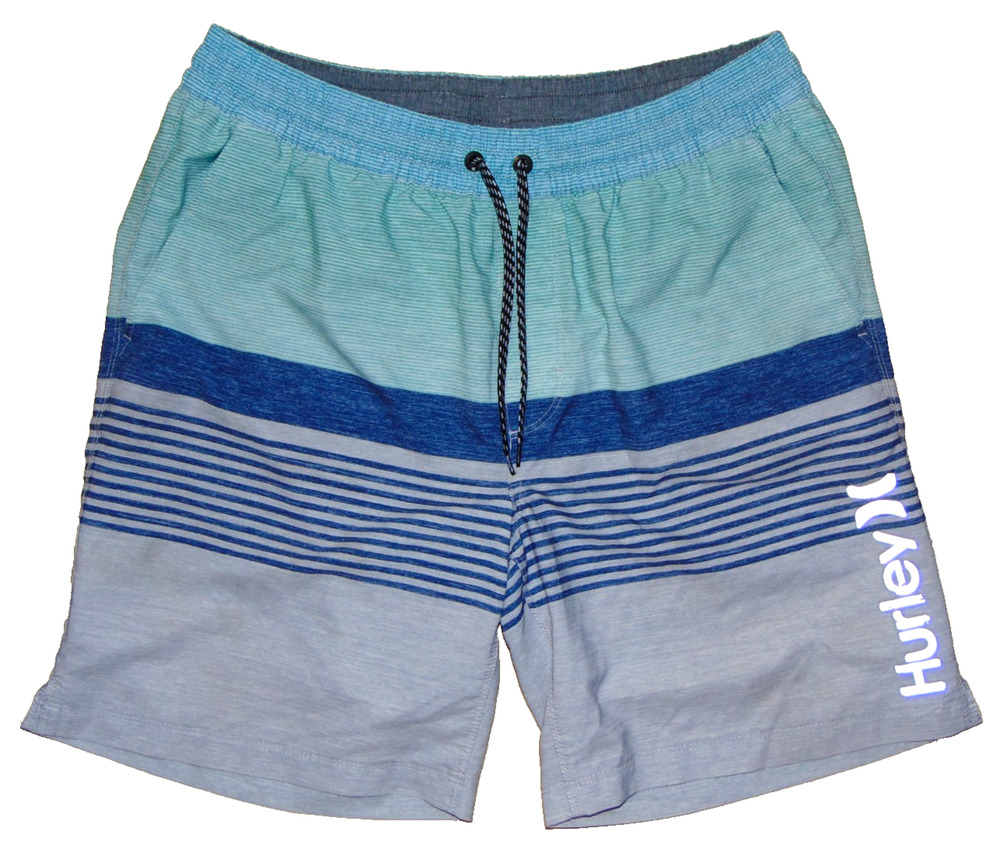 Hurley Men's Large Volley Swim Shorts Stripe Color Block Aqua Gray Polyester